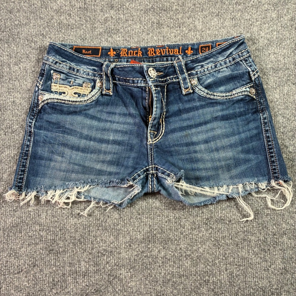 Rock Revival Kailyn Boot Shorts Womens 29 Blue Sequin Cutoff Denim Y2K